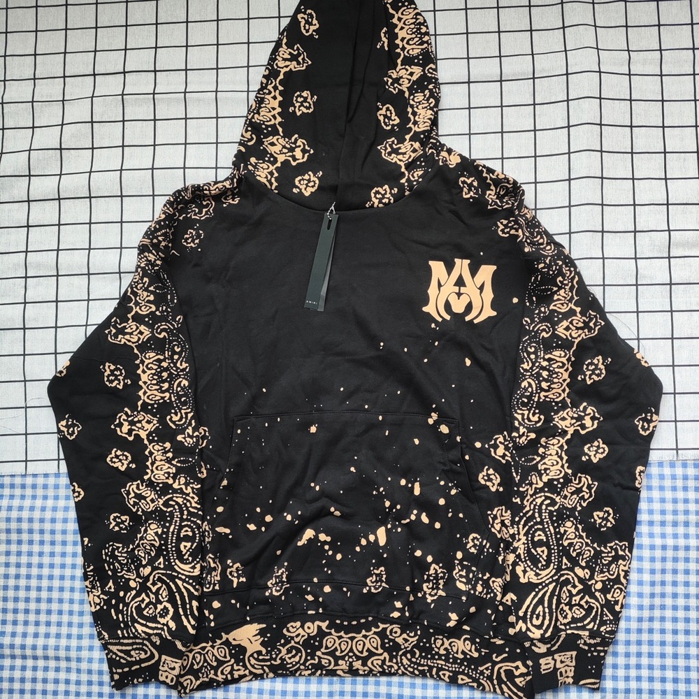 AMIRI Black Hoodie with Beige Bandana Print - Picture 1 of 8